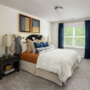 Cartersville rental home bedroom with white walls and gray carpeting