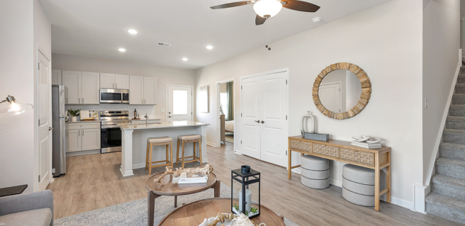 a view of the open floor plan in a Ranch Cottages for Rent home, with a look at the living room and kitchen